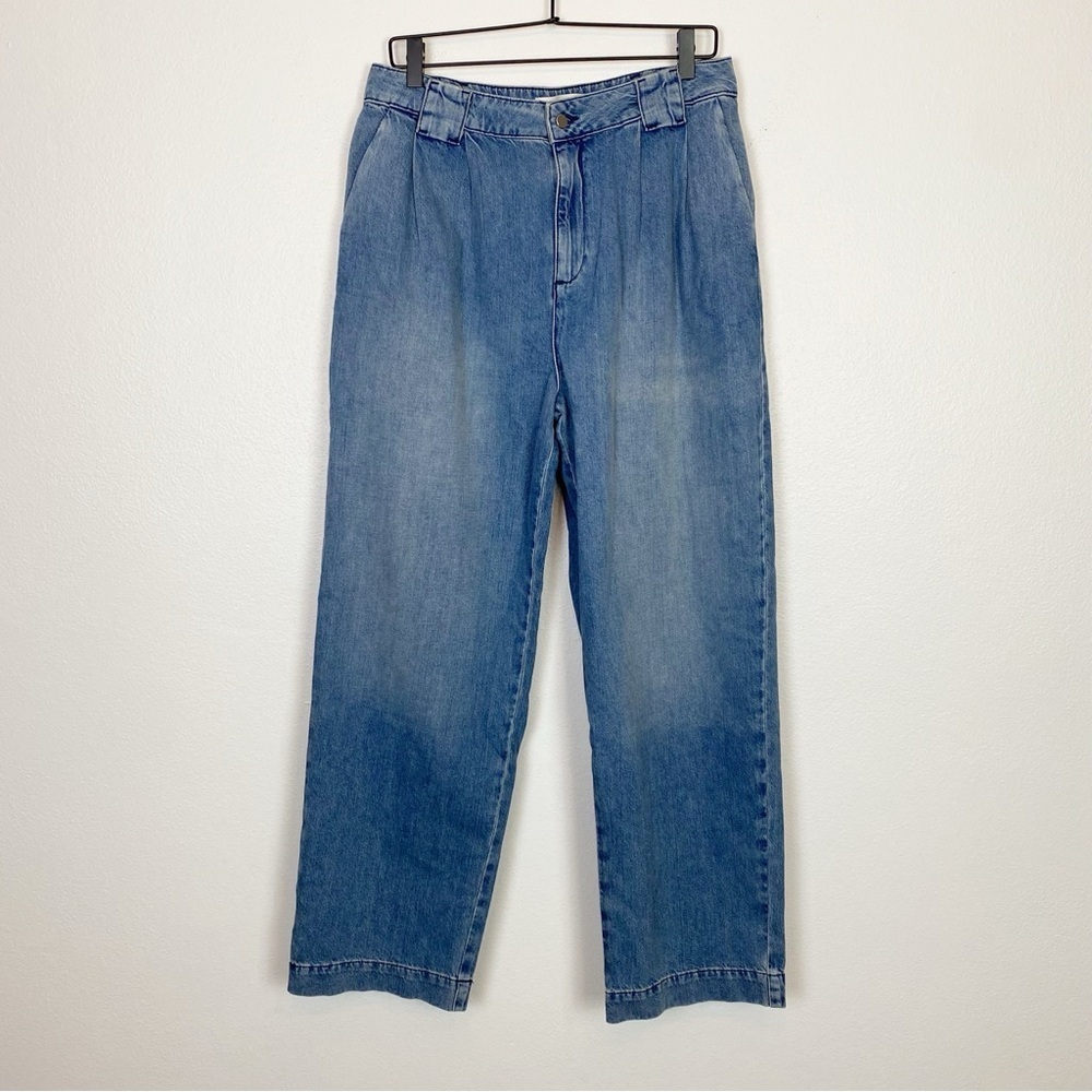 Ba&sh Saxo Pleated Wide Leg Organic Cotton Blue Denim High Waist Jean Trousers - Picture 5 of 9
